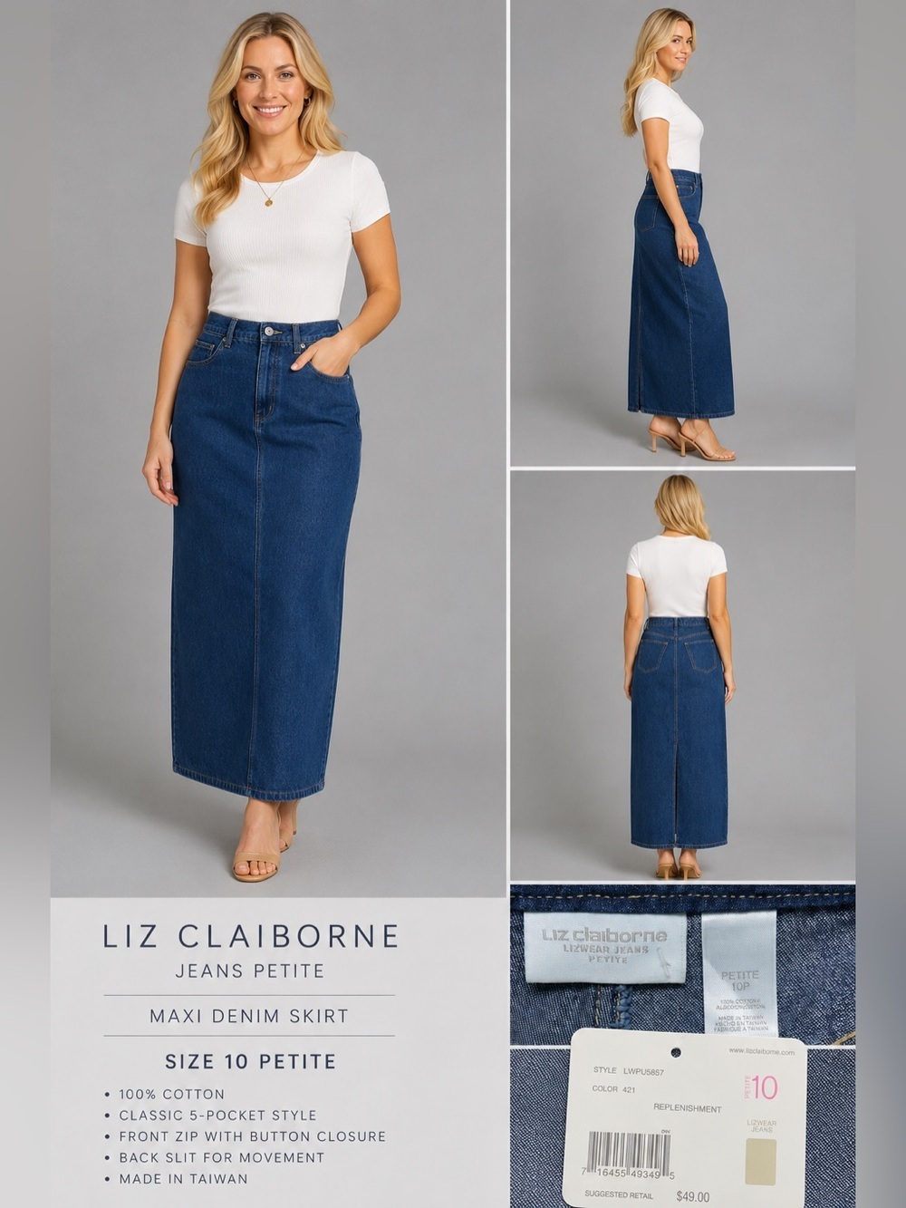 Liz Claiborne Lizwear Jeans Petite Denim Maxi Skirt Size 10P NWT 100% Cotton